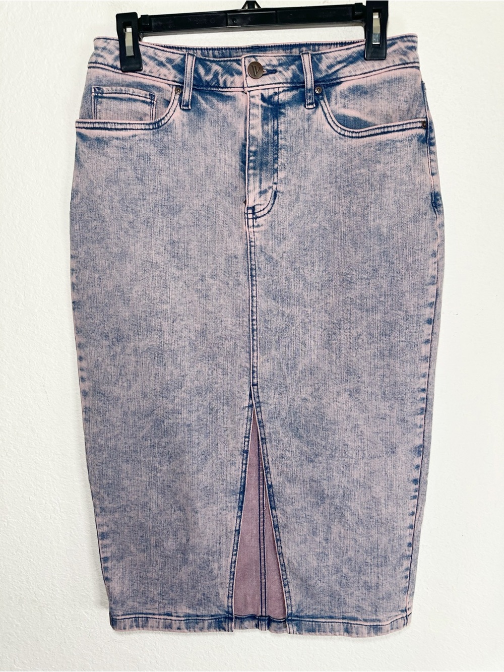 New Venus Cotton Blend Denim Acid Washed Pink Blue Midi Skirt Size 8 Front Slit